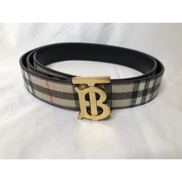Authentic Women’s Burberry TB Leather Beige Reversible Belt Size- Medium - Picture 1 of 14